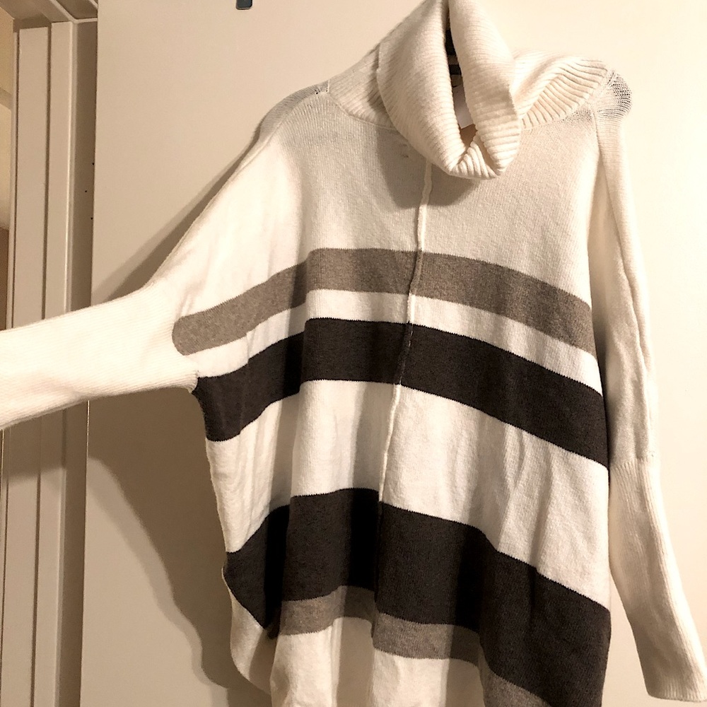 Cream and brown striped cowl neck poncho-style sweater from Loft. New with tags